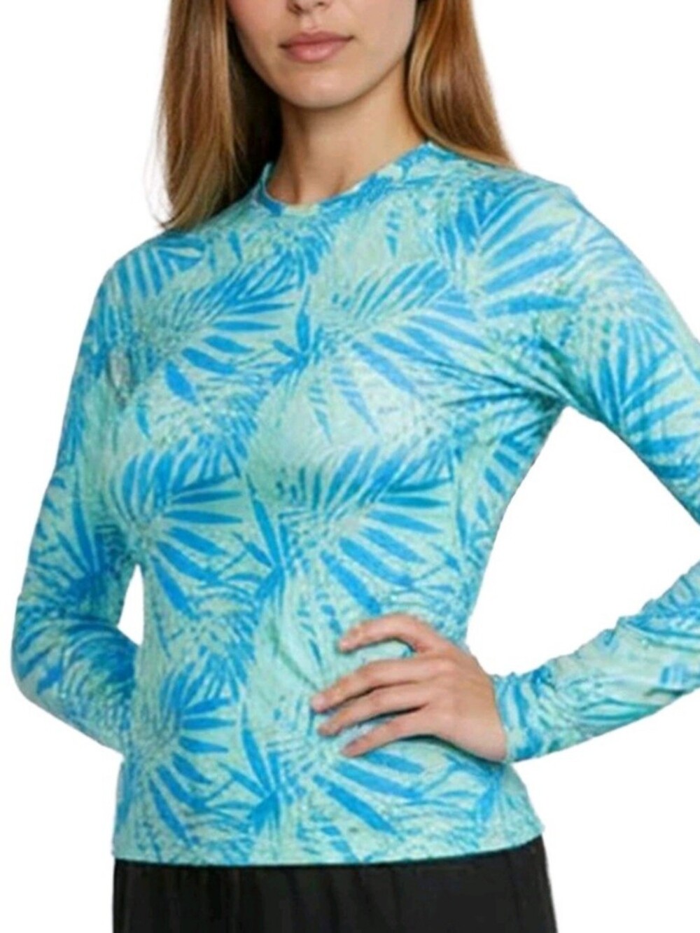 UV SPF 50 Women’s Performance Blue Palm-Print Long Sleeve Shirt Moisture Wicking - Picture 2 of 5